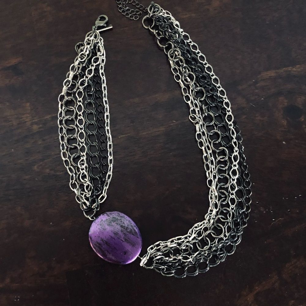 Purple Pendant Silver Chain Multistrand Necklace